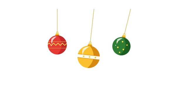 Minimalist set of red gold and green Christmas ornaments hanging and swinging against a white background in flat style. Ideal for festive holiday videos and social media posts.
