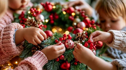 Children's hands decorating a festive Christmas wreath with red ornaments, pinecones, berries, and. © Anastasiya