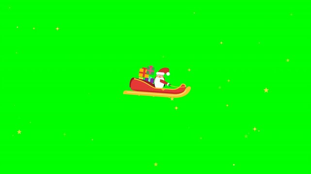 Animated cartoon of Santa Claus riding a gift-filled sleigh across a bright green screen with small golden star sparkles. Ideal for festive holiday video projects and seasonal composting.