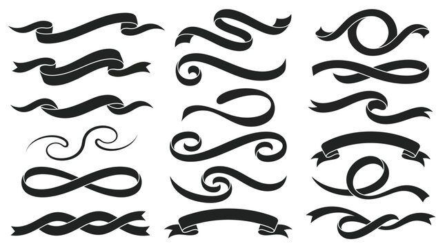 Black Ribbon Vector Collection Featuring Fluid Swirling Banners and Curvy Decorative Elements for Elegant Branding Label Design and Wedding Invitation Stationery Graphics