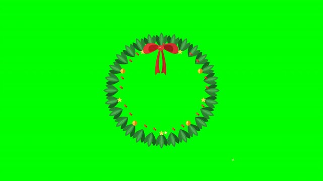 Multi frame sequence showing the progressive drawing of a festive green Christmas wreath with a red bow on a bright green screen. Ideal for holiday motion graphics and video compositing.