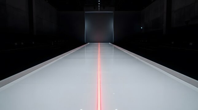 Long dark tunnel illuminated by a single red light in the center