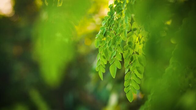 Fresh green leaves of a Moringa tree bathed in sunlight
