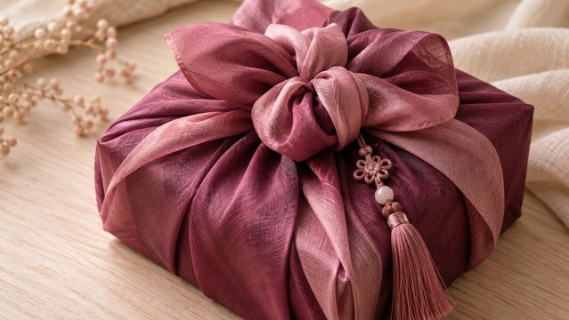 Regalo coreano envuelto en bojagi con elegante nudo de tela tradicional