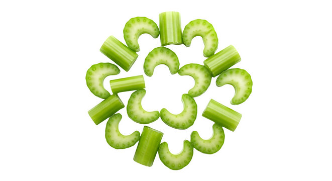 Fresh green celery slices arranged in a circular mandala pattern on a clean isolated transparent background