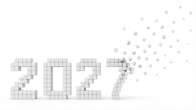 Voxel 2027 Deconstructing 3D Typography Cube Grid Year Text White Background