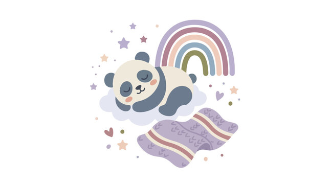 Cute vector illustration of a sleeping panda on a cloud under a pastel rainbow with stars and a cozy blanket.