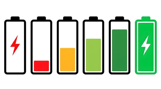 Battery charge level indicators showing low to full power status with colorful graphic icons