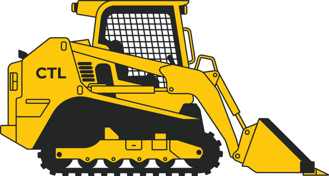 Yellow compact track loader vector illustration, heavy construction machinery skid steer side view, industrial earthmoving equipment design