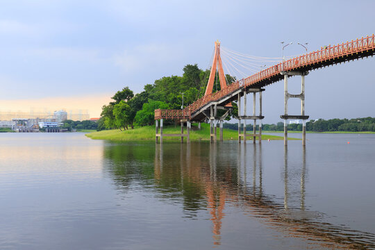 The cable-stayed bridge is a key landmark of Bueng Nong Bon Park, while the adjacent area houses a pumping station and a floodgate&mdash;essential infrastructure for mitigating flooding in eastern Bangkok.