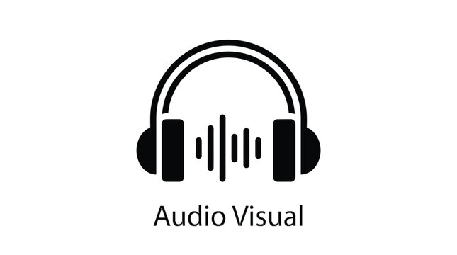 Minimalist audio visual icon featuring sleek headphones and sound wave graphic elements inside