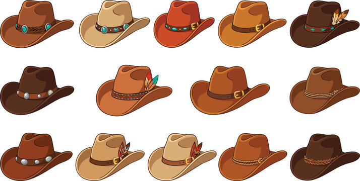 Classic western cowboy hats vector illustration set featuring retro leather fedoras with turquoise beads feathers and belts icons