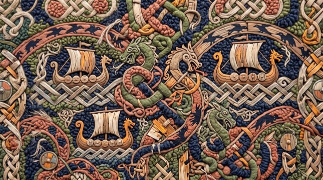 Tactile Norse Viking Mythology Tapestry with Urnes Knotwork and Longship, Craft Pixel Texture Background