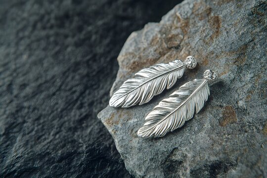 Feather Earrings with Silver and Gray Stone for Social Media