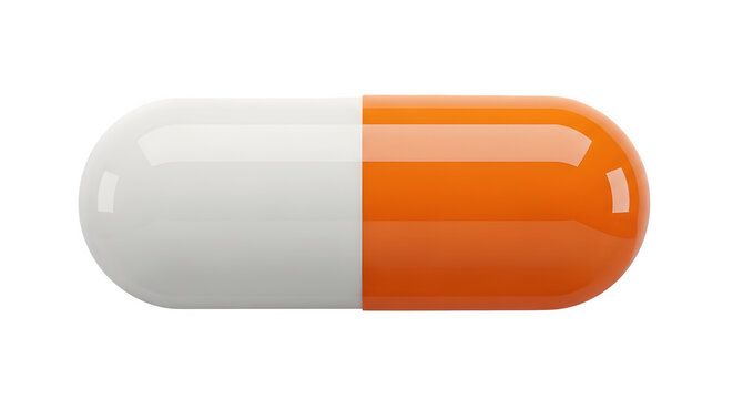 Orange and white medical capsule pill isolated on a transparent background for healthcare and pharmaceutical conceptual design projects
