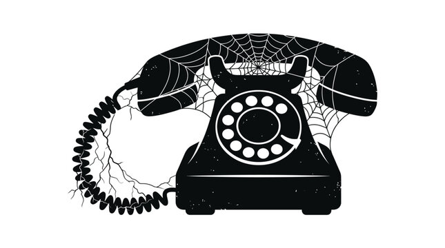 Vintage rotary telephone silhouette covered with spider webs in striking black and white vector art