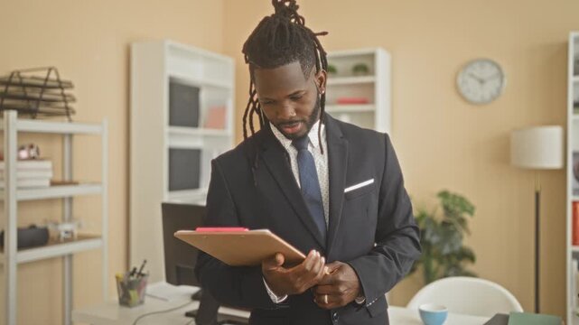 Man in suit holding clipboard and smiling while reading notes in an office building; confidence professionalism.