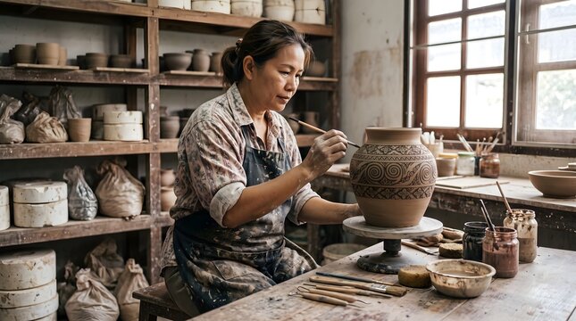 Asian female artisan carefully painting intricate traditional floral patterns on a ceramic vase in a rustic pottery workshop surrounded by clay crafts