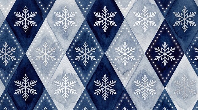 Seamless winter pattern with white watercolor snowflakes on blue and grey diamond background, seasonal holiday design element