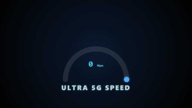 Futuristic glowing blue ultra 5G speed test animation Mbps meter increasing to 950, internet connectivity on dark background loop 4K