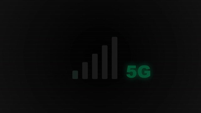 Glowing green 5G signal strength bars animation increasing and decreasing on black background, mobile network loop 4K