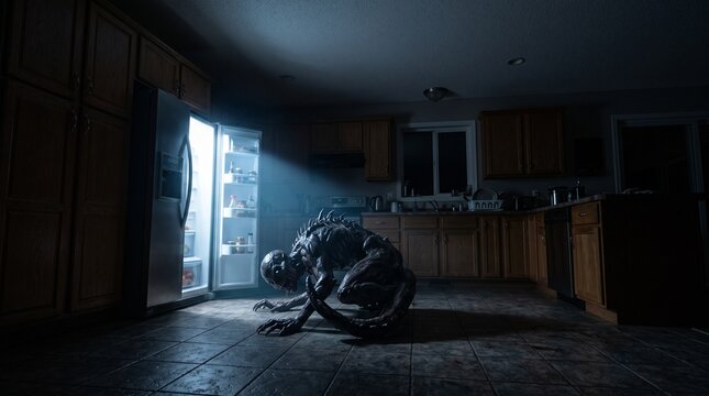 Scary creature lurking in a dark kitchen, illuminated by an open refrigerator, Halloween horror concept