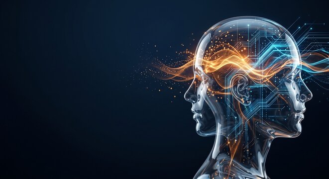 Artificial intelligence transparent head profile with glowing neural network and circuit board overlay representing maritime DX engineering and technology transfer