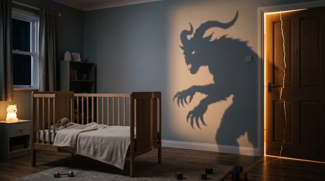 Scary monster shadow looms over a baby crib in a dark bedroom with a cracked open door casting an eerie glow
