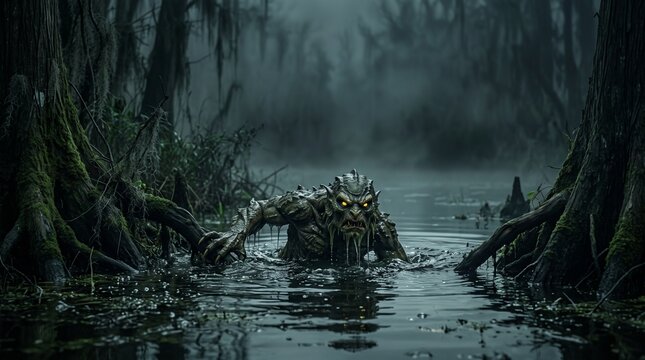 Terrifying swamp monster with glowing eyes emerges from murky water amidst cypress trees and Spanish moss