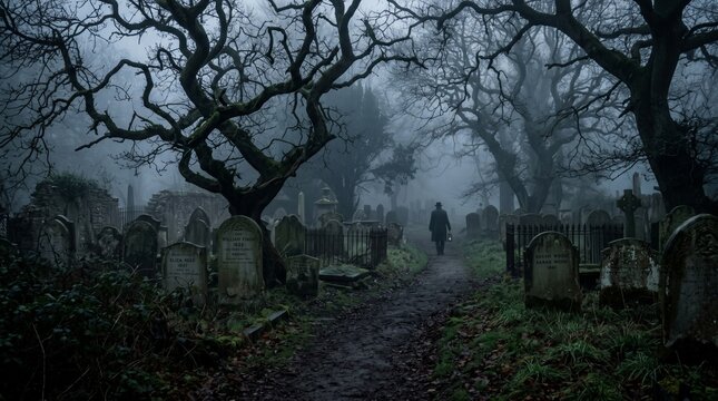 Eerie Victorian cemetery at dusk with a lone figure holding a lantern walking through gravestones and fog