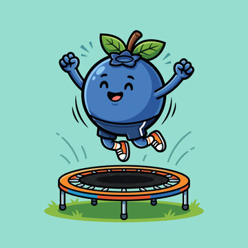 Excited blueberry character bouncing on trampoline in grass.