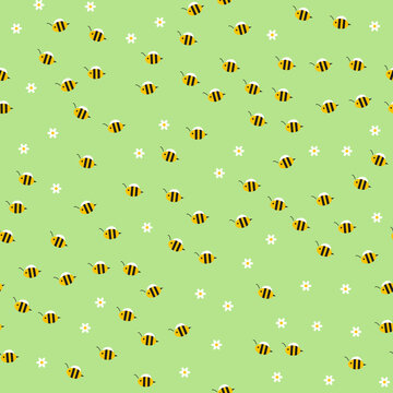 Cute bees and flowers seamless pattern