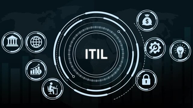 Itil information technology infrastructure library concept animation featuring animated digital hud interface global network connectivity and corporate data management solutions