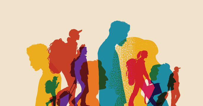 Colorful overlapping silhouettes of displaced people walking with backpacks and suitcases, symbolizing migration, border crossing, and the refugee experience. Refugees issues. Migrants crisis.