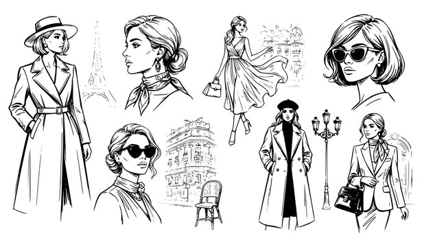 Parisian chic fashion sketch collection of elegant women in sunglasses, scarf, beret and long coat with Paris buildings and Eiffel Tower