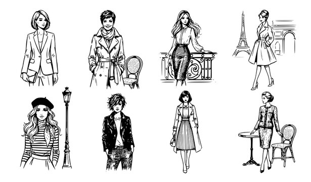 Parisian fashion illustration set of eight stylish women in trench coat, beret, blazer and tweed suit with Eiffel Tower and cafe chair