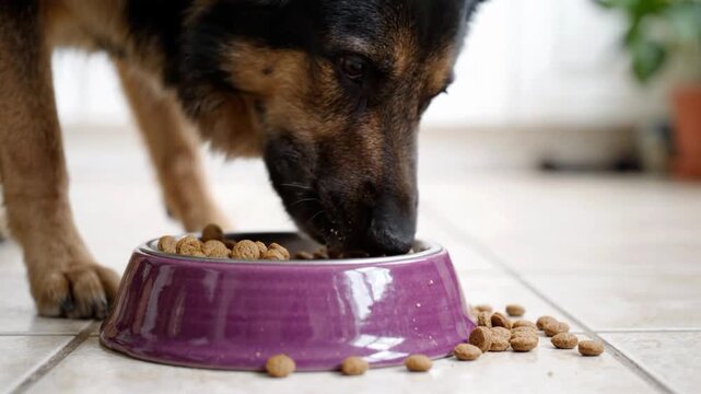German Shepherd dog eats kibbles from a purple bowl in a home