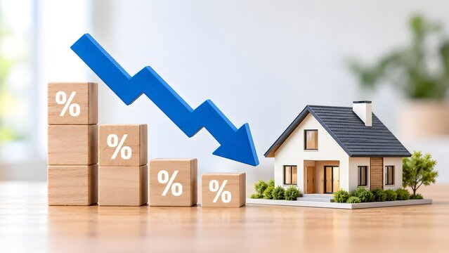 Mortgage rate reduction and real estate market decline concept featuring miniature house with blue downward arrow and percentage blocks