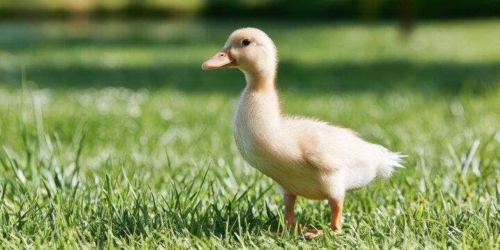 Cute duckling standing in green grass