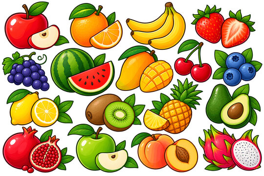 Colorful fresh fruit collection with apple orange banana strawberry watermelon mango kiwi and avocado