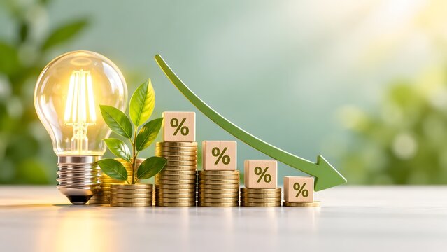 Energy cost reduction concept showcasing glowing lightbulb with green plant and downward arrow over percentage blocks