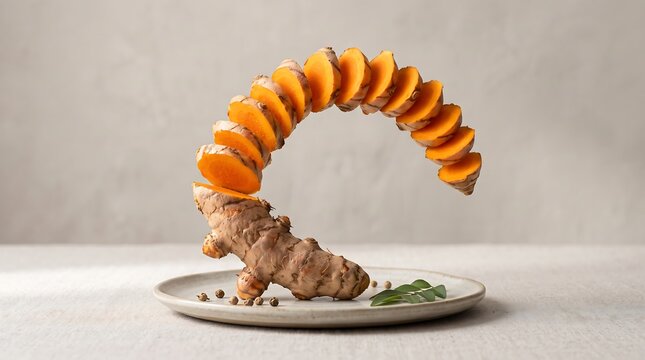 Fresh turmeric root with floating sliced pieces arranged in an arch on a plate, food photography