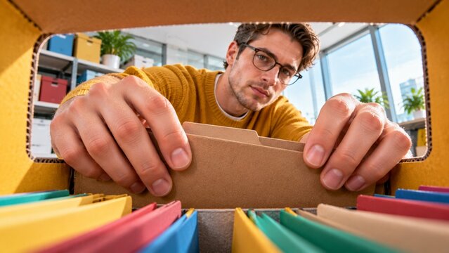 Macro perspective inside cardboard file box handle, male archivist reaching with both hands extracting paper file, detailed face, natural spread fingers, 16:9