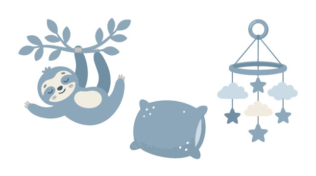 A cute vector set featuring a sleeping blue sloth on a branch, a soft pillow, and a nursery baby mobile with stars.