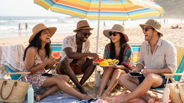 Diverse group of friends enjoying a sunny beach day with fruit and laughter under a colorful umbrella