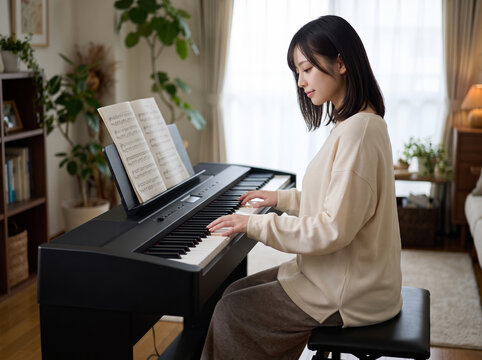 電子ピアノで練習する横顔の女性