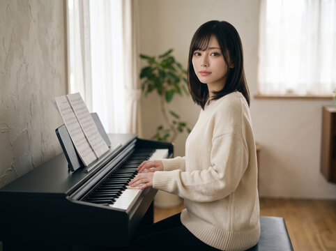 窓辺でピアノを弾きながらカメラに視線を送る白いセーターの女性