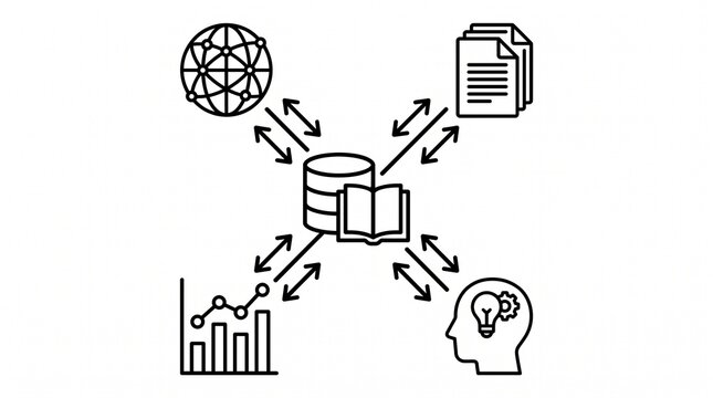 Knowledge Management Line Illustration. Enterprise Knowledge Sharing and Information Management System Outline Illustration Isolated on White Background