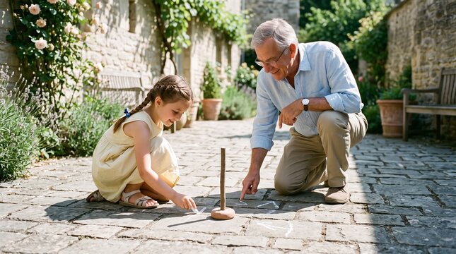 Grandfather and granddaughter playing a ring toss game with chalk drawings on a stone patio in a garden