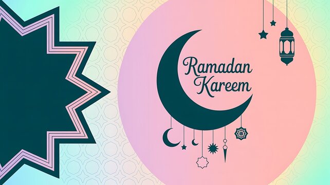 Ramadan kareem greeting card design with crescent moon, hanging lanterns, stars, and traditional patterns